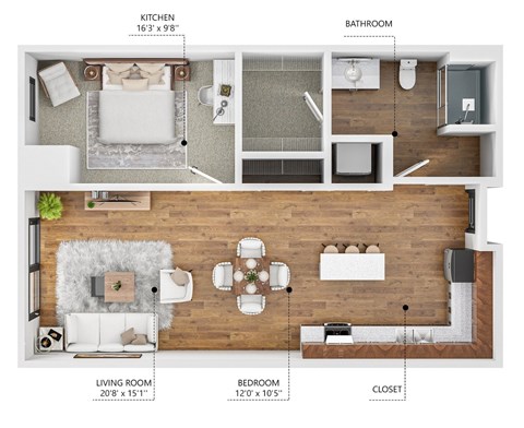 Floor plan for 1 bed, 1 bath, 806 sqft